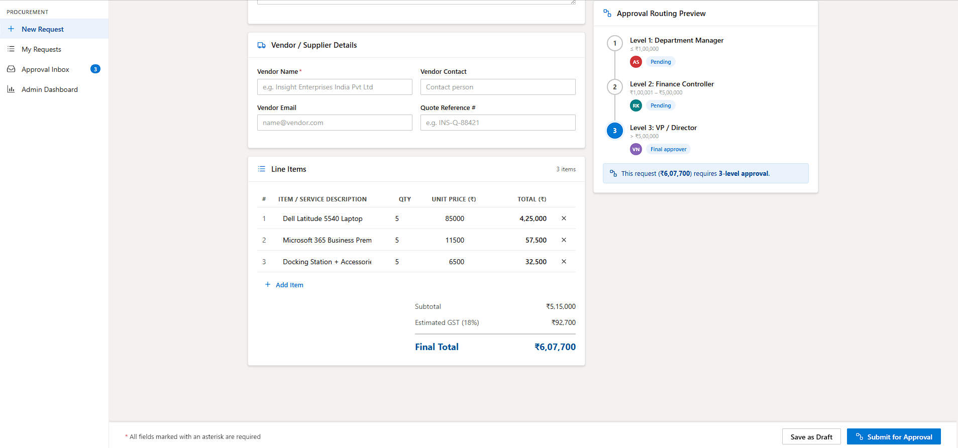 New Purchase Request form — line items with GST calculation and approval routing preview